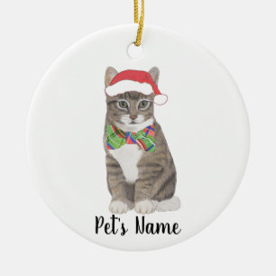 Personlig Tabby katt (Grått) Santa Hat & Bow Tie Julgransprydnad Keramik