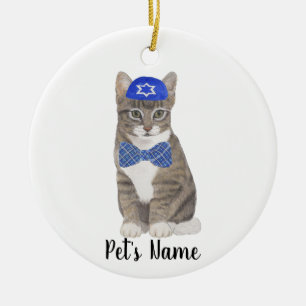 Personlig Tabby katt (Grått) Yarmulke & Bow Tie Julgransprydnad Keramik