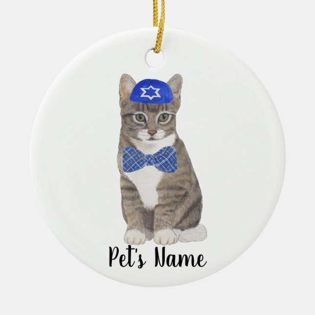 Personlig Tabby katt (Grått) Yarmulke & Bow Tie Julgransprydnad Keramik (Framsidan)