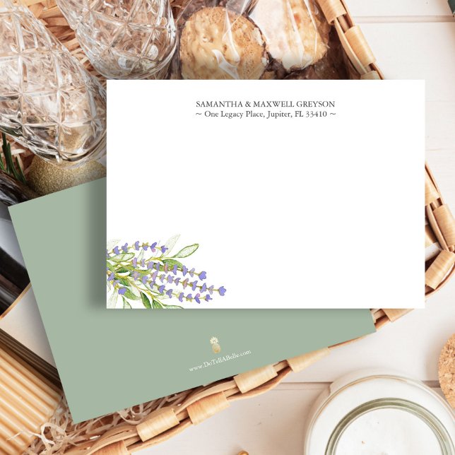 Personlig Tack Notecards Lavender Anteckningskort (Personalized notecards feature watercolor lavender art by Victoria Grigaliunas of Do Tell A Belle)