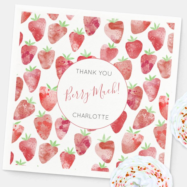 Personlig Tack Strutberry Pappersservett (Strawberry personalized party paper napkin)
