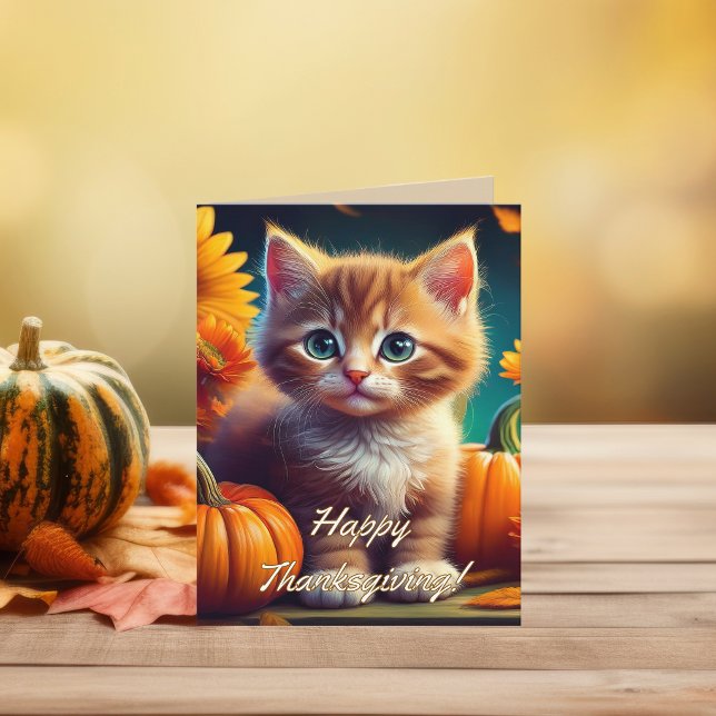 Personlig tacksamhet på Thanksgiving | Orange katt Tack Kort (Happy Thanksgiving Ginger Kitten Autumnal Greeting Card with personalised gratitude message inside.)