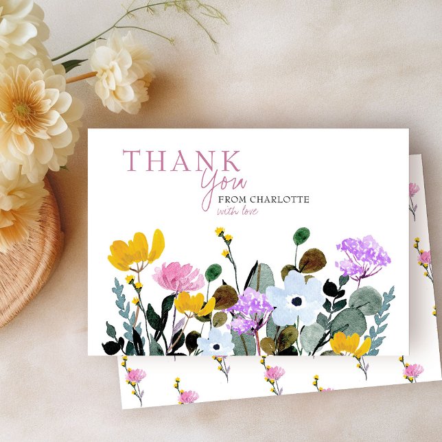 Personlig tacksamhetskort i vitt med vildblommeäng tack kort (Thank You cards from my Wildflower Lawn Baby Shower Collection)