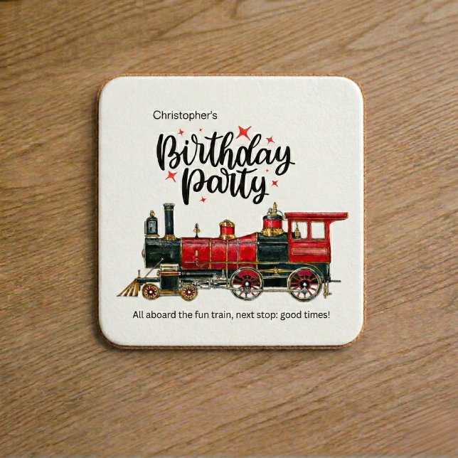 Personlig Tåg Födelsedagsfest Underlägg Papper Kvadrat (Personalized Train Birthday Party Coaster)