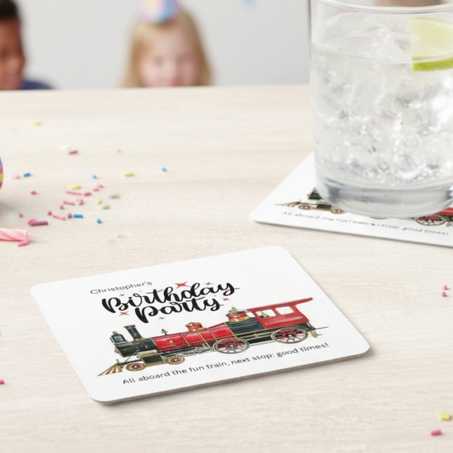 Personlig Tåg Födelsedagsfest Underlägg Papper Kvadrat (Personalized Train Birthday Party Coaster)