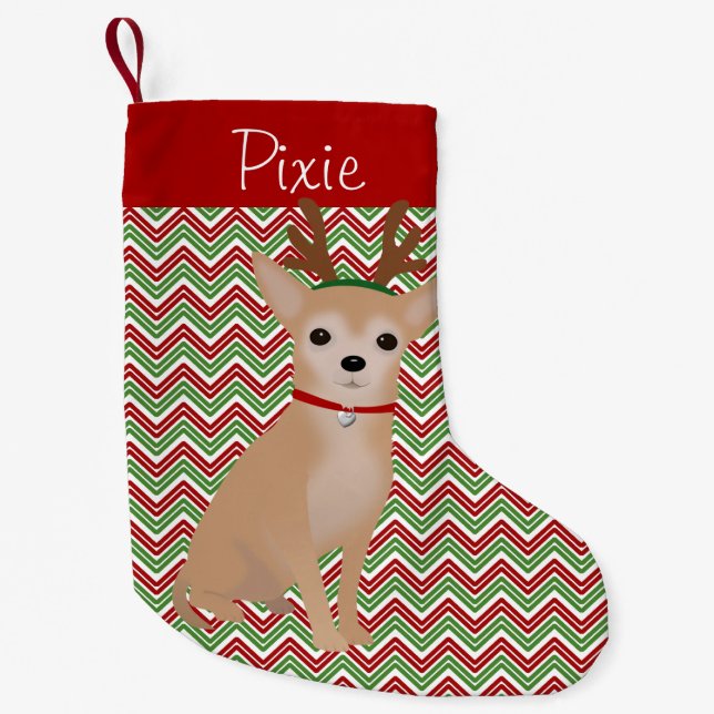 Personlig Tan Chihuahua, Red & Grönt Chevrons Liten Julstrumpa (Framsidan)