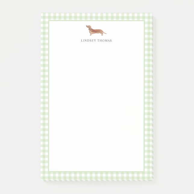 Personlig Tan Dachshund Grön Gingham Kant Post-it Block (Framsida)