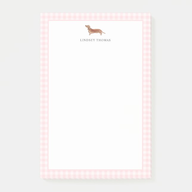 Personlig Tan Dachshund Rosa Gingham Kant Post-it Block (Framsida)