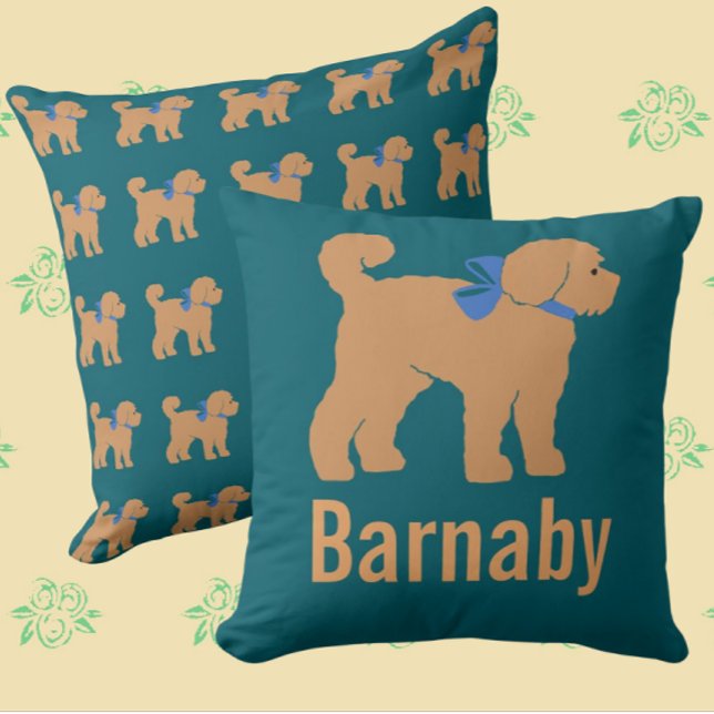 Personlig Tan Doodle Hund Mörk blått Grönt Pillow Kudde (For your special fur baby!)