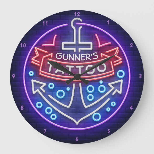 Personlig Tatto Shop Nautical Neon Stil Stor Klocka (Framsida)