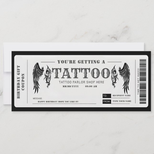 Personlig tatuering voucherticket inbjudningar (Framsida)