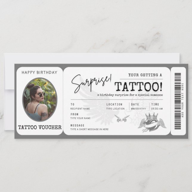 Personlig tatuering voucherticket med foto inbjudningar (Framsida)