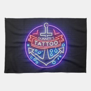 Personlig tatueringsbutik nautisk neonskylt stil kökshandduk
