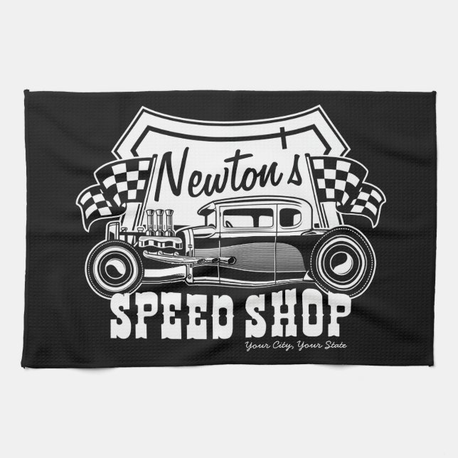Personlig Tävla Hot rod Speed Shop Garage Kökshandduk (Horisontell)
