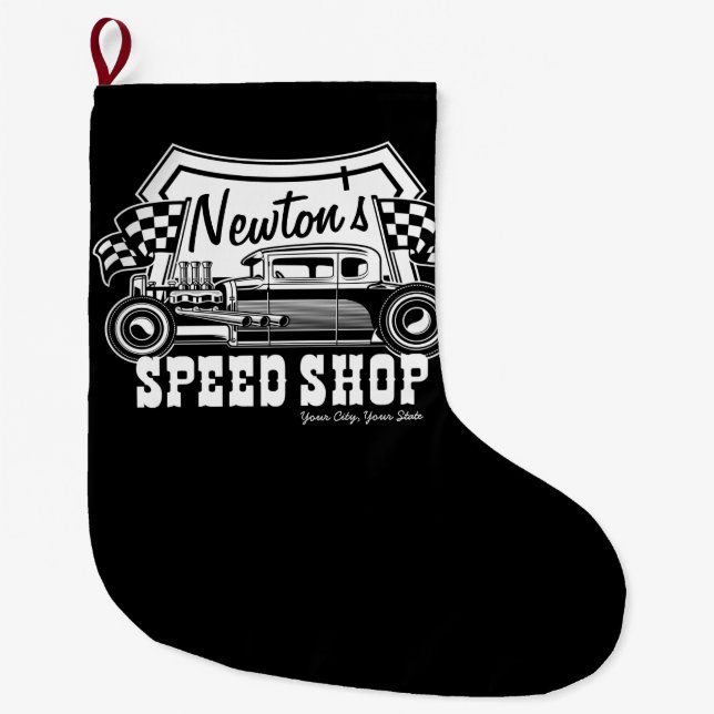 Personlig Tävla Hot rod Speed Shop Garage Stor Julstrumpa (Framsidan)