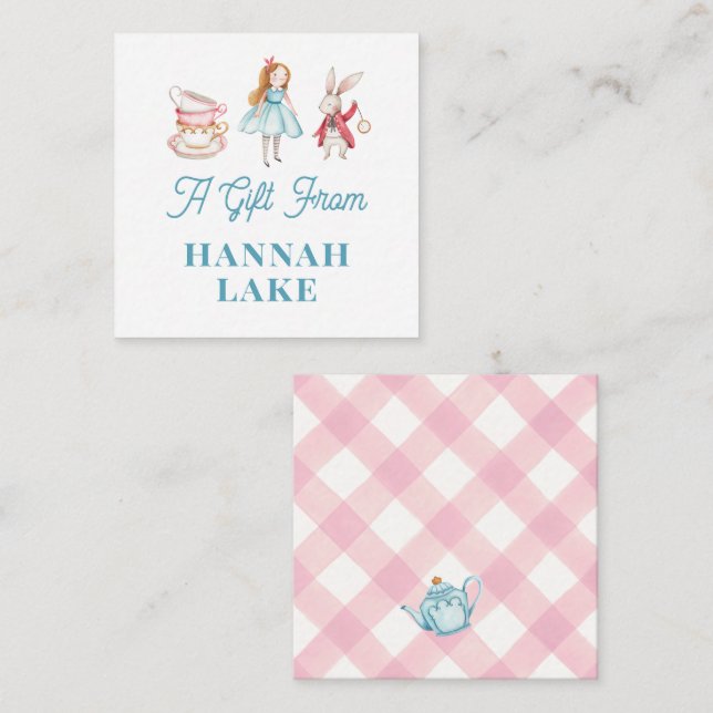 Personlig Tea Party Rosa Gingham Girls Gift Tilläggskort (Fram/baksida)