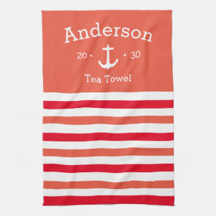 Personlig Tea Towel - Stripe O/Red Nautical Kökshandduk