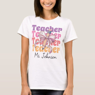 Personlig Teacher Pencil Coquette Bow T Shirt