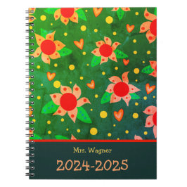 Personlig Teacher Roligt Retro Flowers Grönt Anteckningsbok