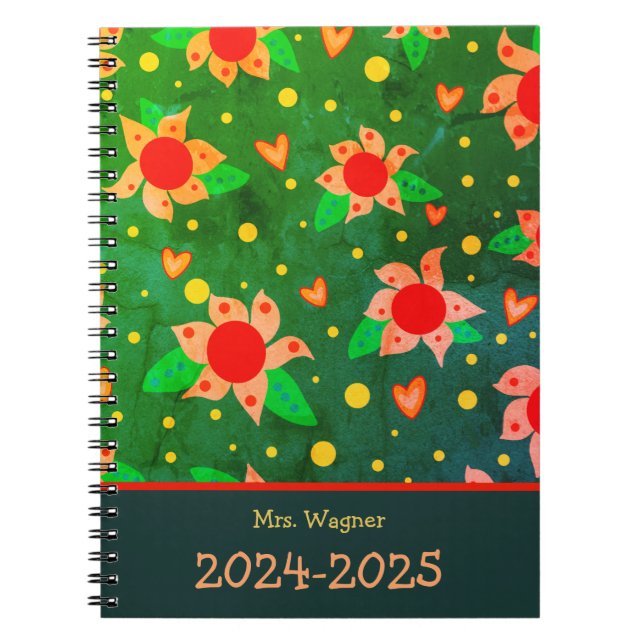 Personlig Teacher Roligt Retro Flowers Grönt Anteckningsbok (Framsidan)