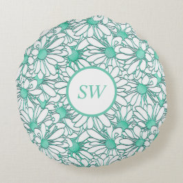 Personlig Teal and White Blommigt Design Rund Kudde
