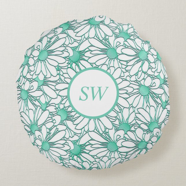 Personlig Teal and White Blommigt Design Rund Kudde (Baksidan)