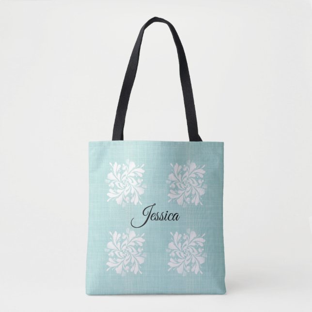 Personlig Teal and White Blommigt Tote Bag Tygkasse (Framsida)