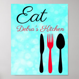 Personlig Teal Black Red Eat Sign för köket Poster