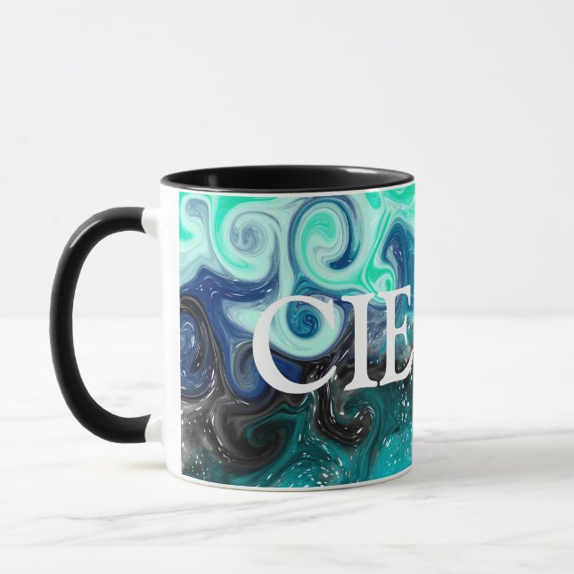 Personlig Teal Blue and Black Fluid Art Marble Mugg (Vänster)