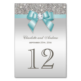 Personlig Teal Blue Faux Bow Silver Sequins Bordsnummer