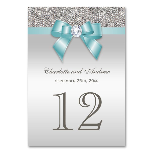 Personlig Teal Blue Faux Bow Silver Sequins Bordsnummer (Framsidan)