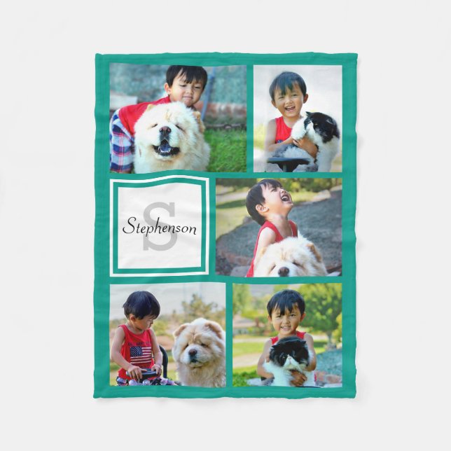 Personlig Teal Blue Photo Collage Monogrammed Fleecefilt (Framsidan)