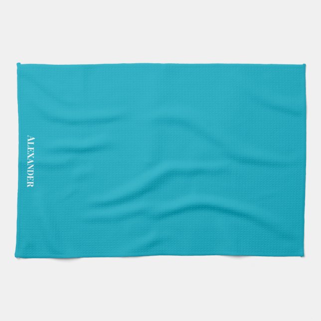 Personlig Teal Blue Plain Solid White Script Kökshandduk (Horisontell)