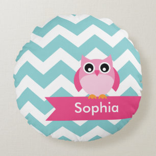 Personlig Teal Chevron Rosa Uggla Rund Kudde