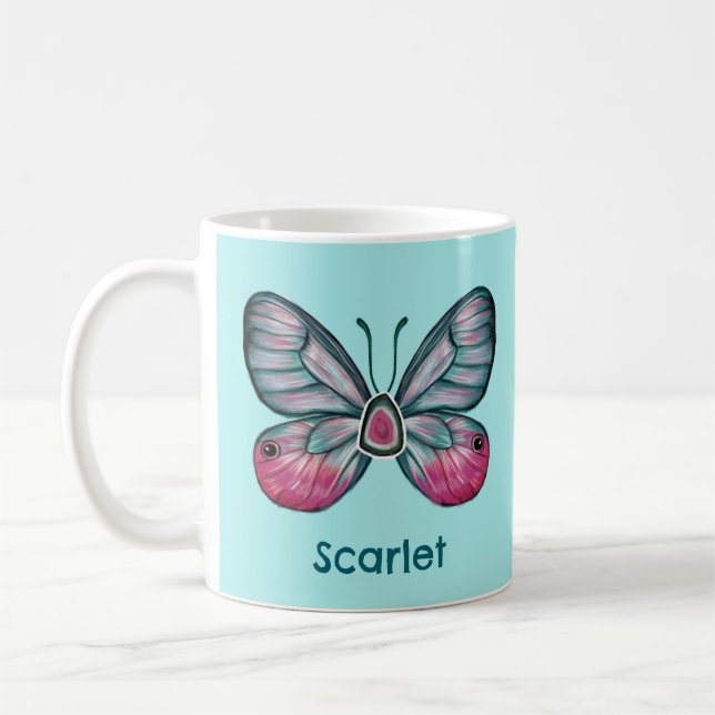 Personlig: Teal Glasswing Butterfly Art Kaffemugg (Vänster)