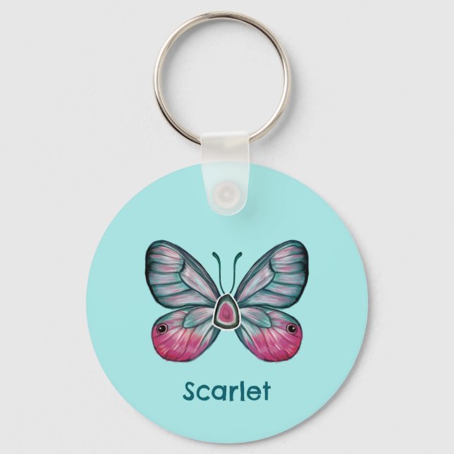 Personlig: Teal Glasswing Butterfly Art Nyckelring (Framsida)