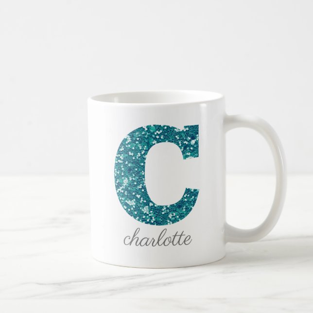 Personlig Teal Glitter Monogram C Kaffemugg (Höger)