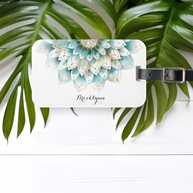 Personlig Teal Guld Blommigt Mandala Bagagebricka (Skapare uppladdad)