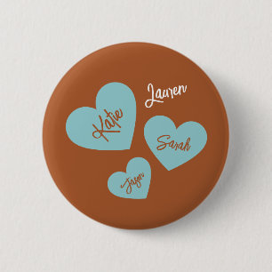Personlig Teal Hearts med Barns Namn Knapp