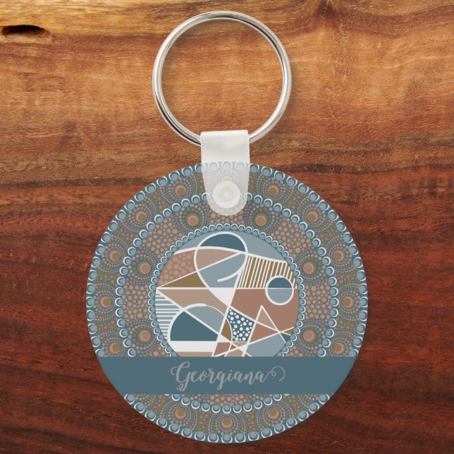 Personlig Teal och Guld Abstrakt Accent Mandala Nyckelring (Framsida)