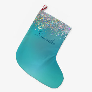 Personlig Teal Ombre Holografisk Glitter Stor Julstrumpa