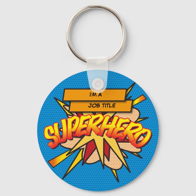 Personlig Tecknad Bok Pop Art.. SUPERHERO Nyckelring (Framsida)
