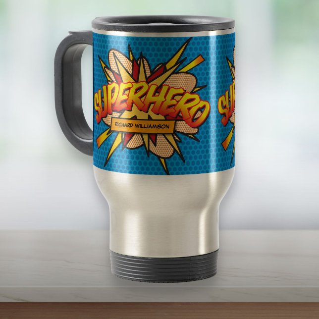 Personlig Tecknad Bok SUPERHERO Resemugg (Personalized Comic Book SUPERHERO Travel Mug)