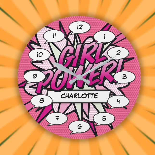 Personlig TECKNAD SERIE OM KVINNLIG MACTH Pink Stor Klocka (Personalized GIRL POWER Comic Book Pink Large Clock)