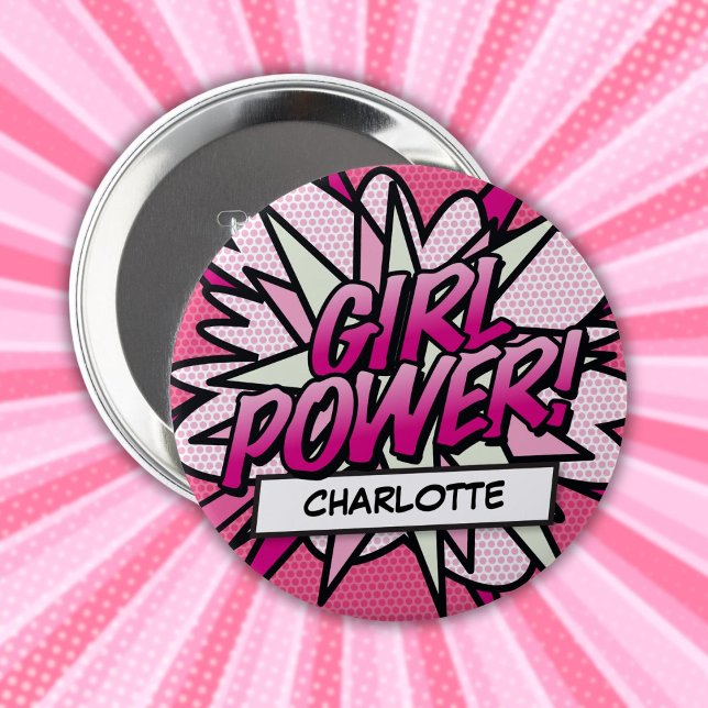 Personlig TECKNINGSBOK Flicka Kraft Rosa Knapp (Personalized GIRL POWER Comic Book Pink Button)