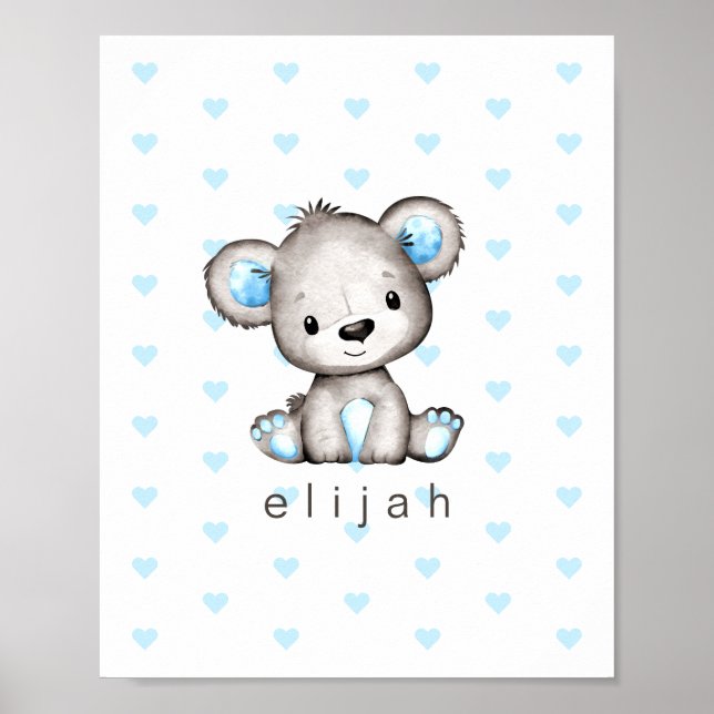 Personlig teddybjörn för babypojkar Blå hjärtan Poster (Framsidan)