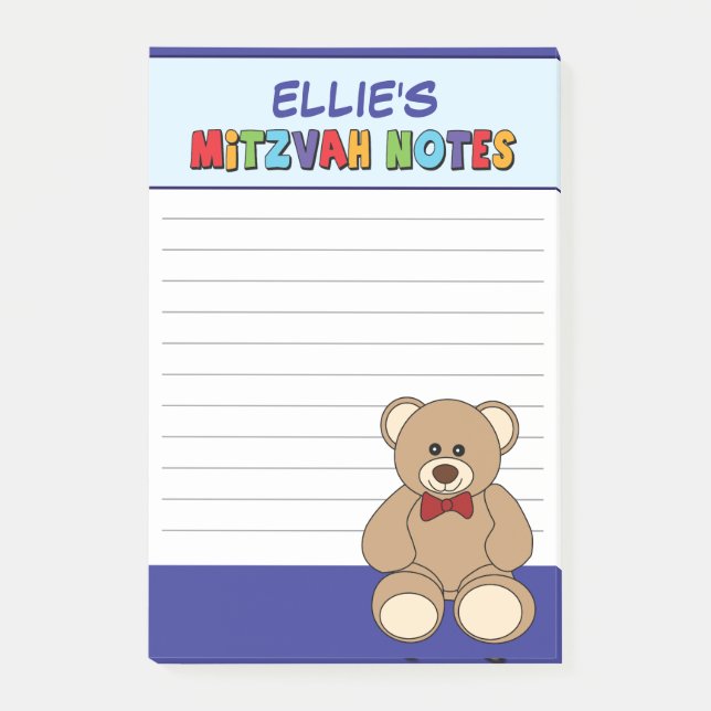 Personlig Teddybjörn Mitzvah - Blå Post-it Block (Framsida)