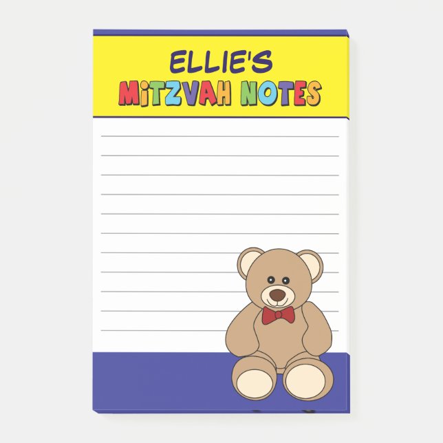 Personlig Teddybjörn Mitzvah - Gul Blå Post-it Block (Framsida)