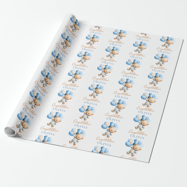 Personlig Teddybjörn Pojkbarn Baby Shower Presentpapper (Utrullad)