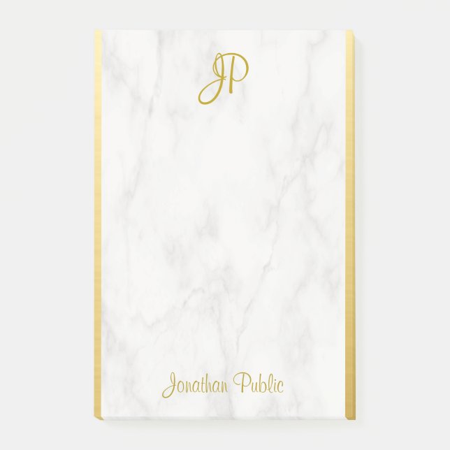 Personlig Template White Marble Guld Monogram Post-it Block (Framsida)